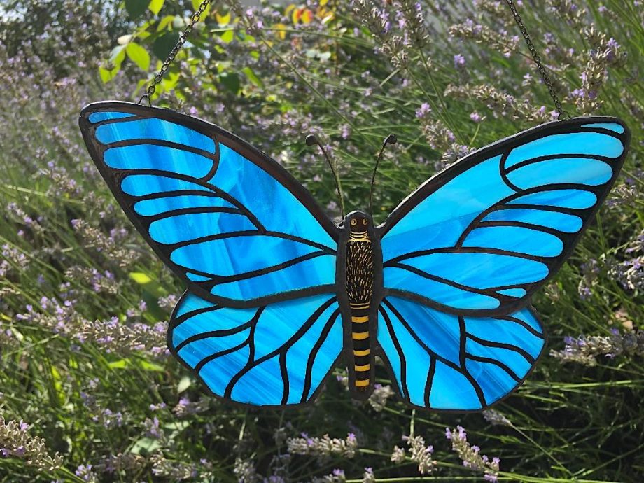 Stained glass blue butterfly sun catcher