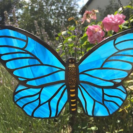 Stained glass blue butterfly sun catcher