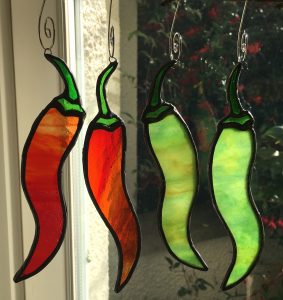 Set of 4 red & green stained glass chilli peppers
