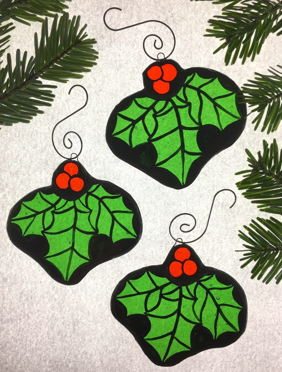 Set of 3 stained glass Christmas holly tree decorations