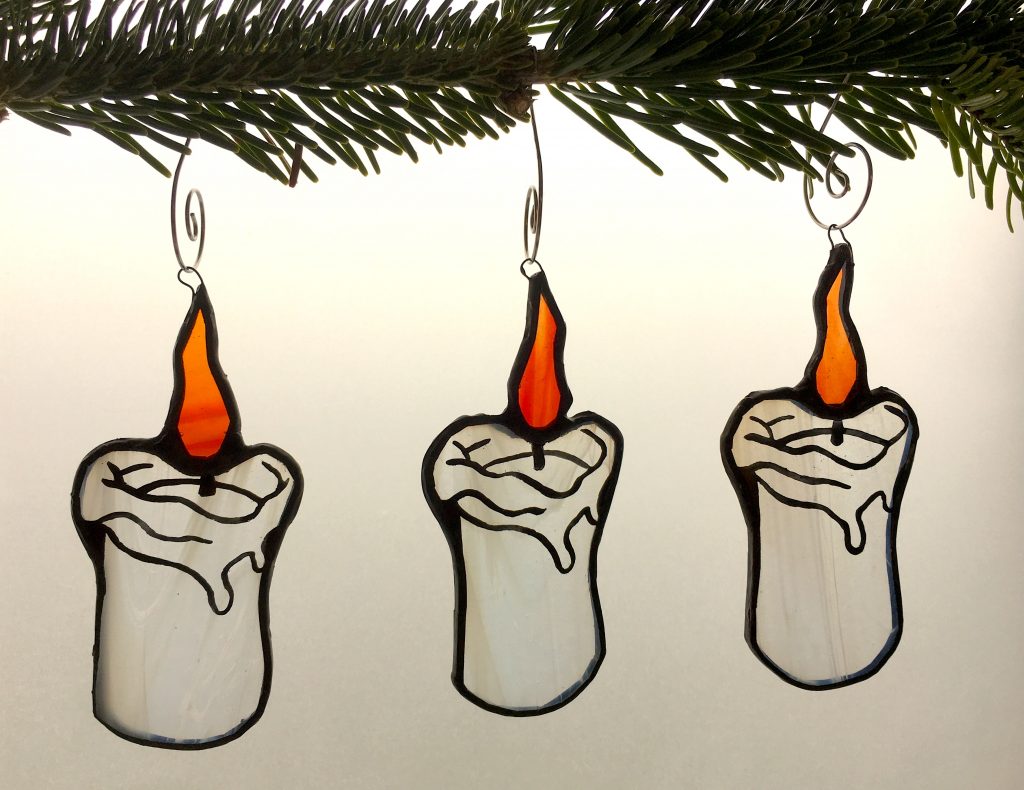 Set of three stained glass Christmas candle tree decorations