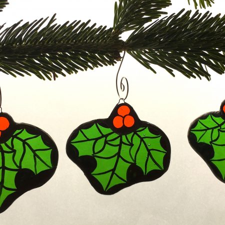 Set of three holly stained glass Christmas tree decorations