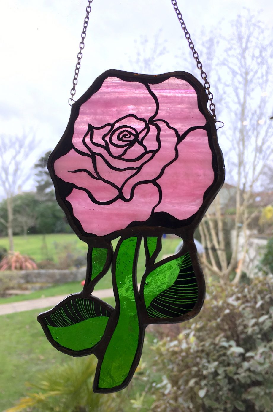 Pink rose stained glass sun catcher