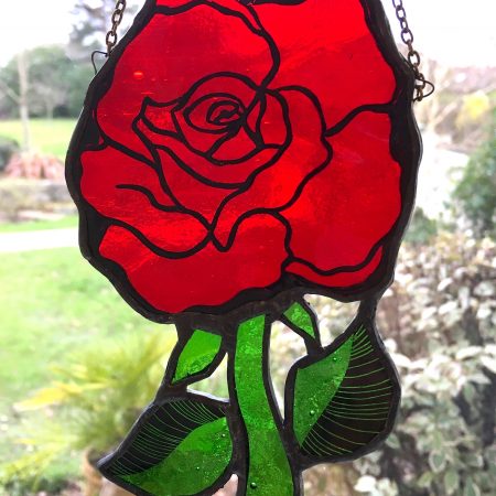 Stained glass red rose sun catcher