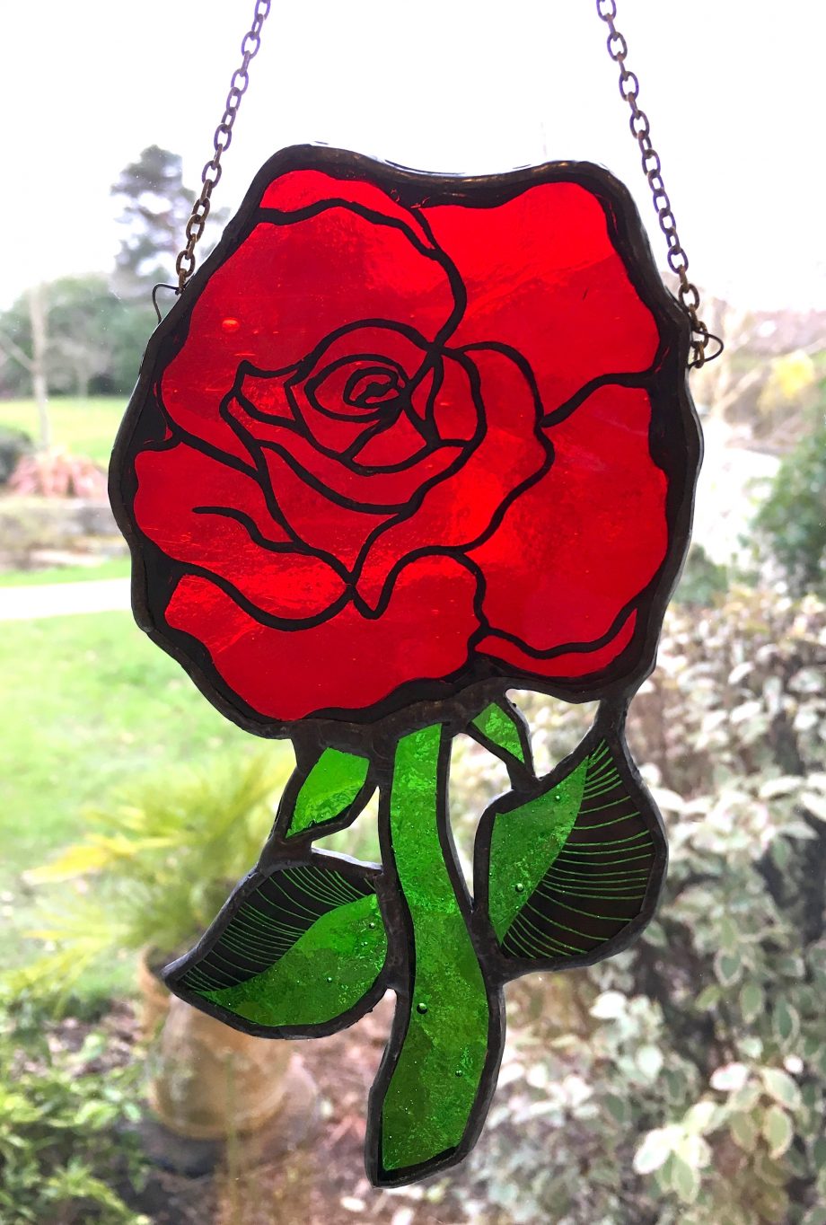 Stained glass red rose sun catcher
