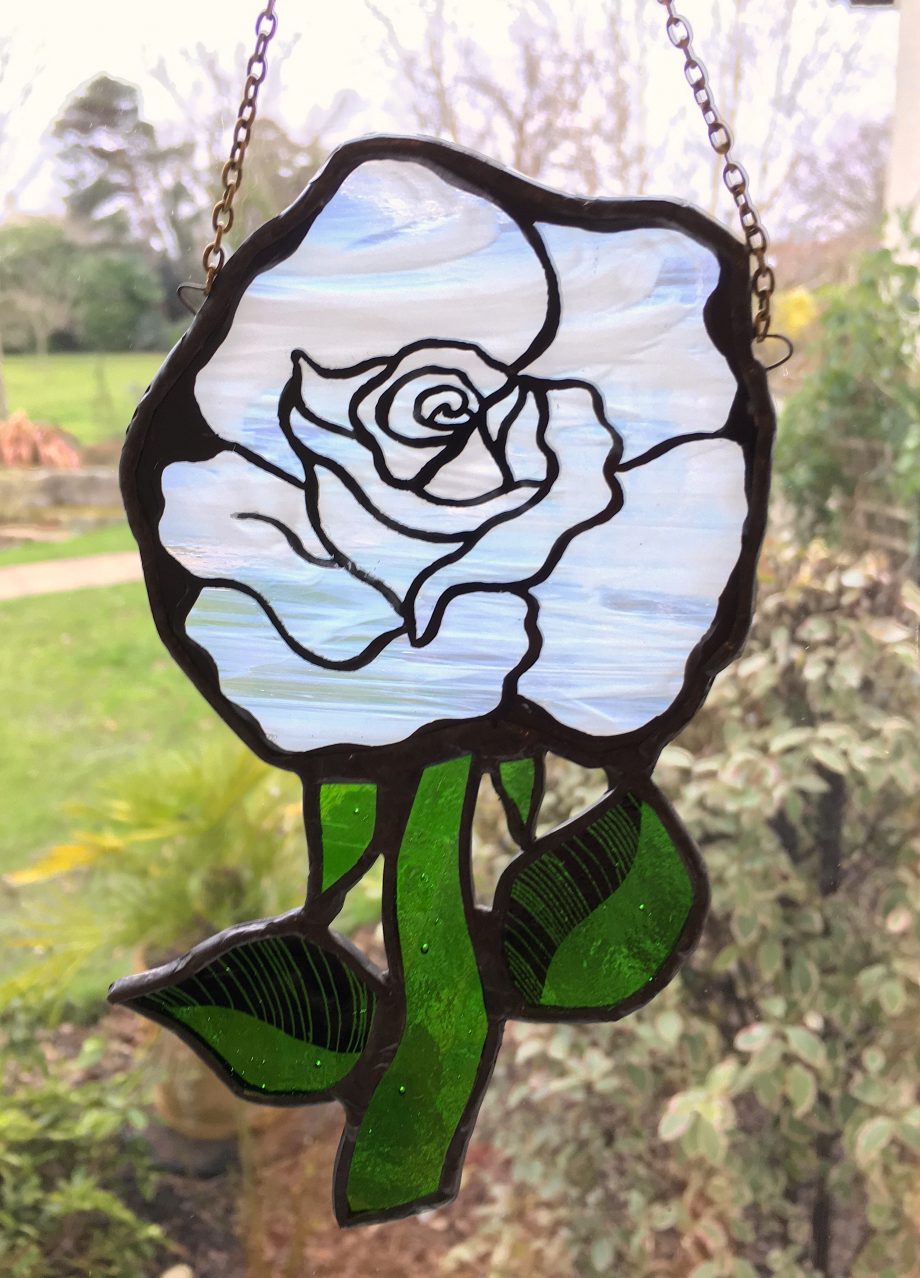 Stained glass white rose sun catcher
