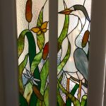 Stained glass heron pond scene door panel