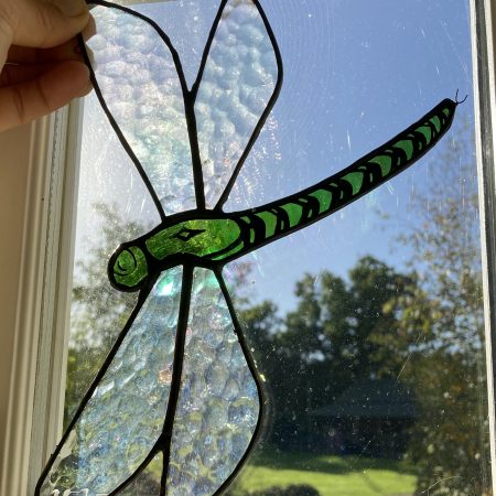 Green stained glass dragonfly suncatcher