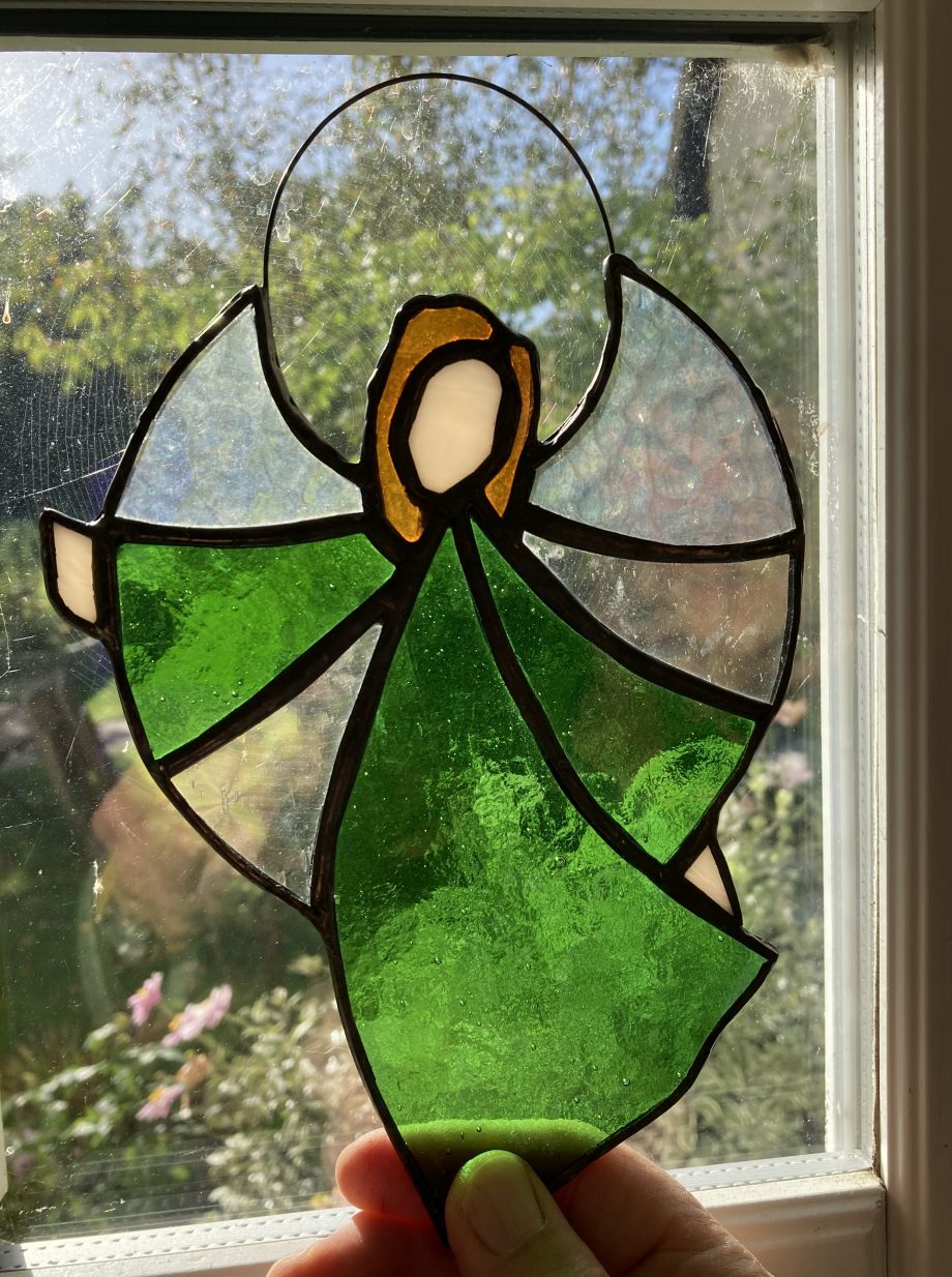 Green stained glass Christmas angel ornament