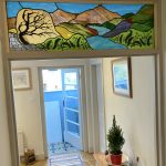 Dartmoor landscape stained glass scene in situ in house in Belstone