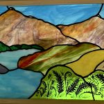Dartmoor landscape stained glass panel for transom window above door